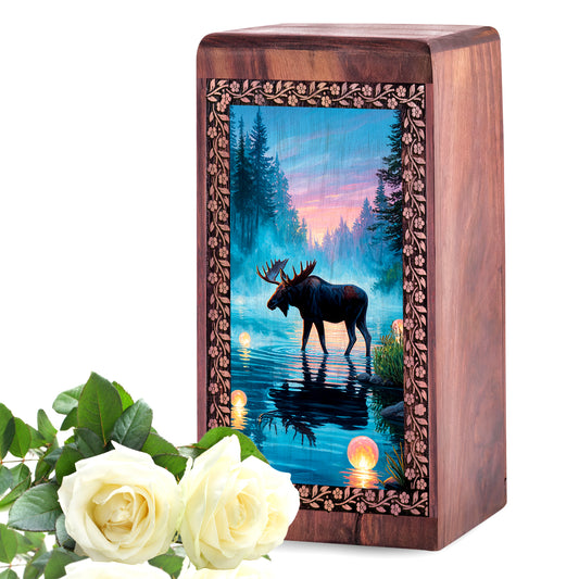 Moose Wooden Urns For Human Ashes - Forest Themed Wooden Urns For Ashes