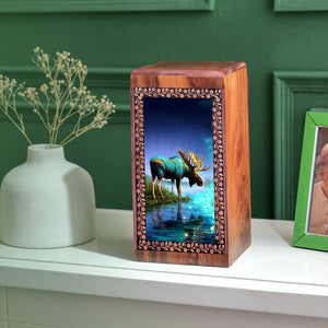 Moose Themed Wooden Urns - Artistic Night Wooden Urns For Human Ashes