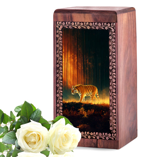 Walking Tiger Wooden Urn - Forest Night Wooden Memorial Urns For Ashes