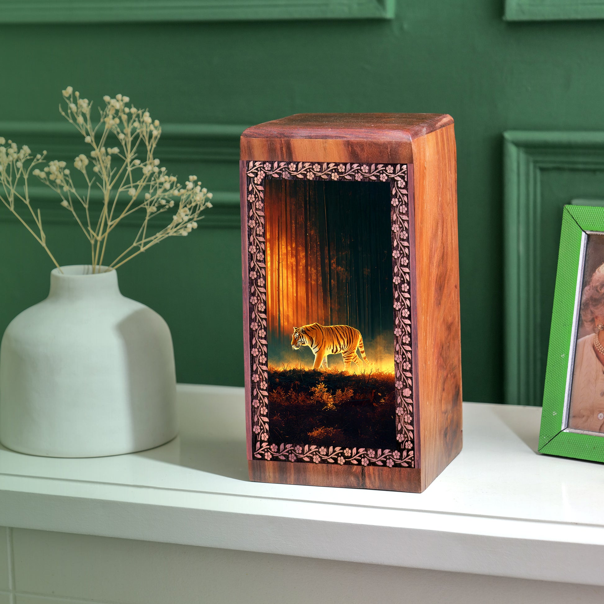 Walking Tiger Wooden Urn - Forest Night Wooden Memorial Urns For Ashes