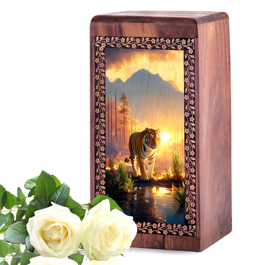 Scary Tiger Wooden Memorial Urns - Sunset Wooden Urns For Human Ashes