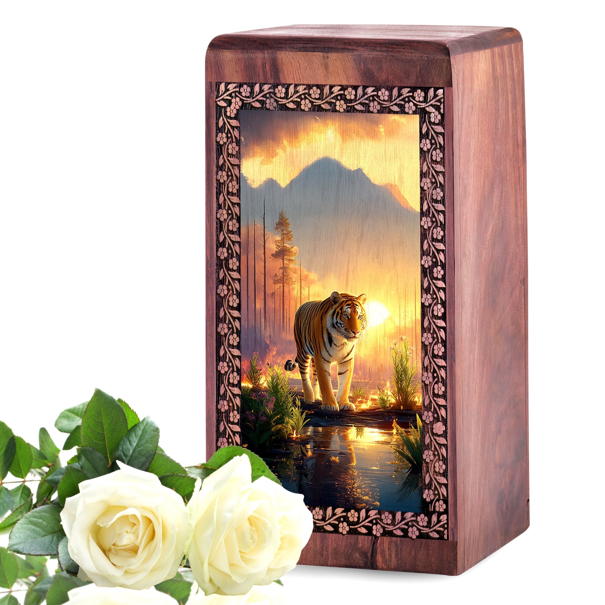 Scary Tiger Wooden Memorial Urns - Sunset Wooden Urns For Human Ashes