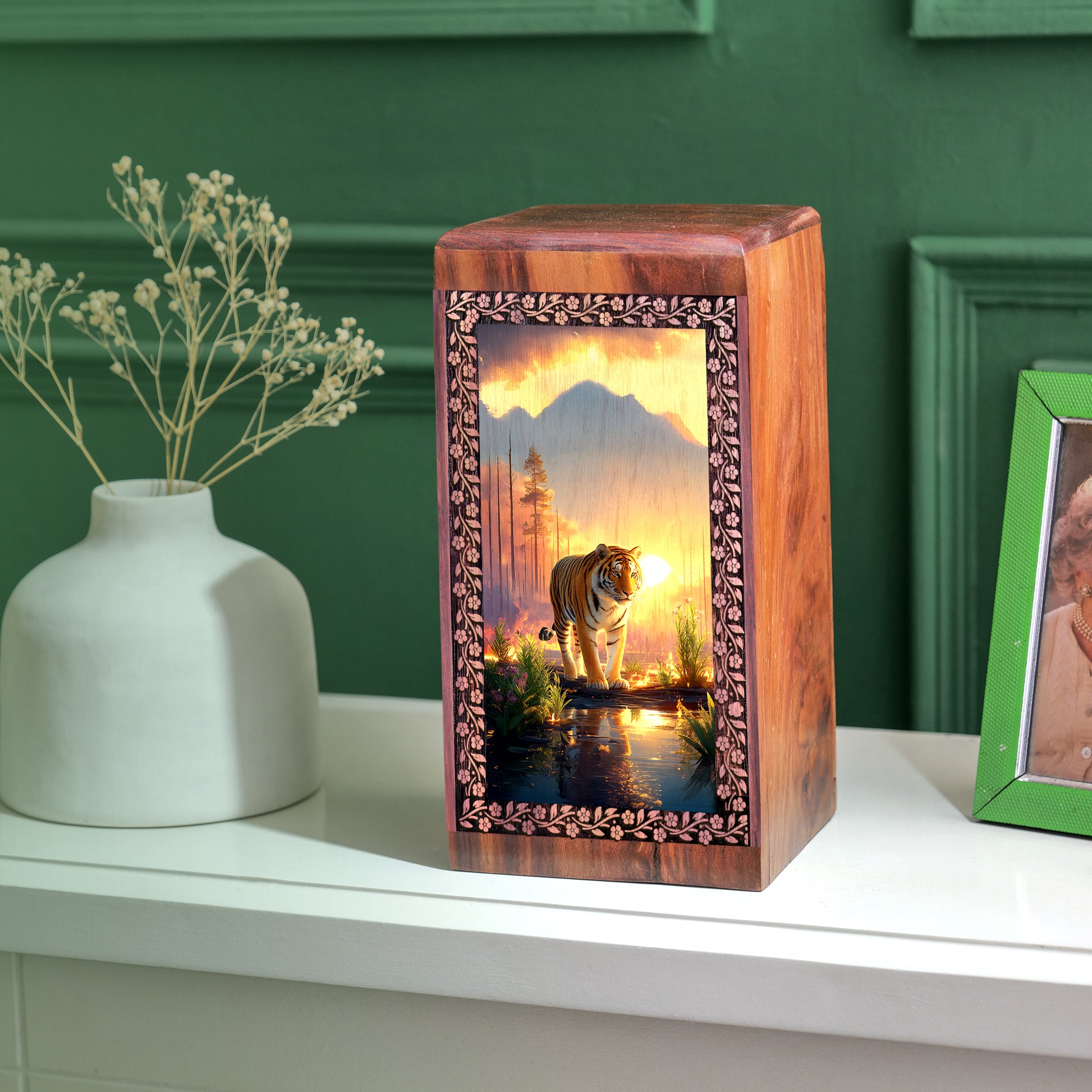 Scary Tiger Wooden Memorial Urns - Sunset Wooden Urns For Human Ashes