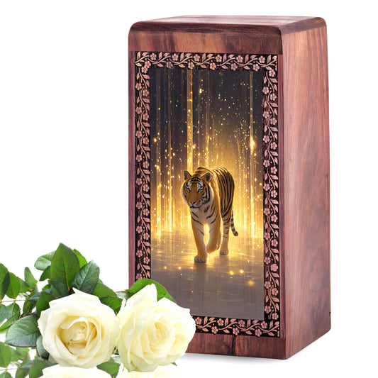 Tiger Wooden Cremation Box Urn - Wooden Memorial Urns For Men & Women
