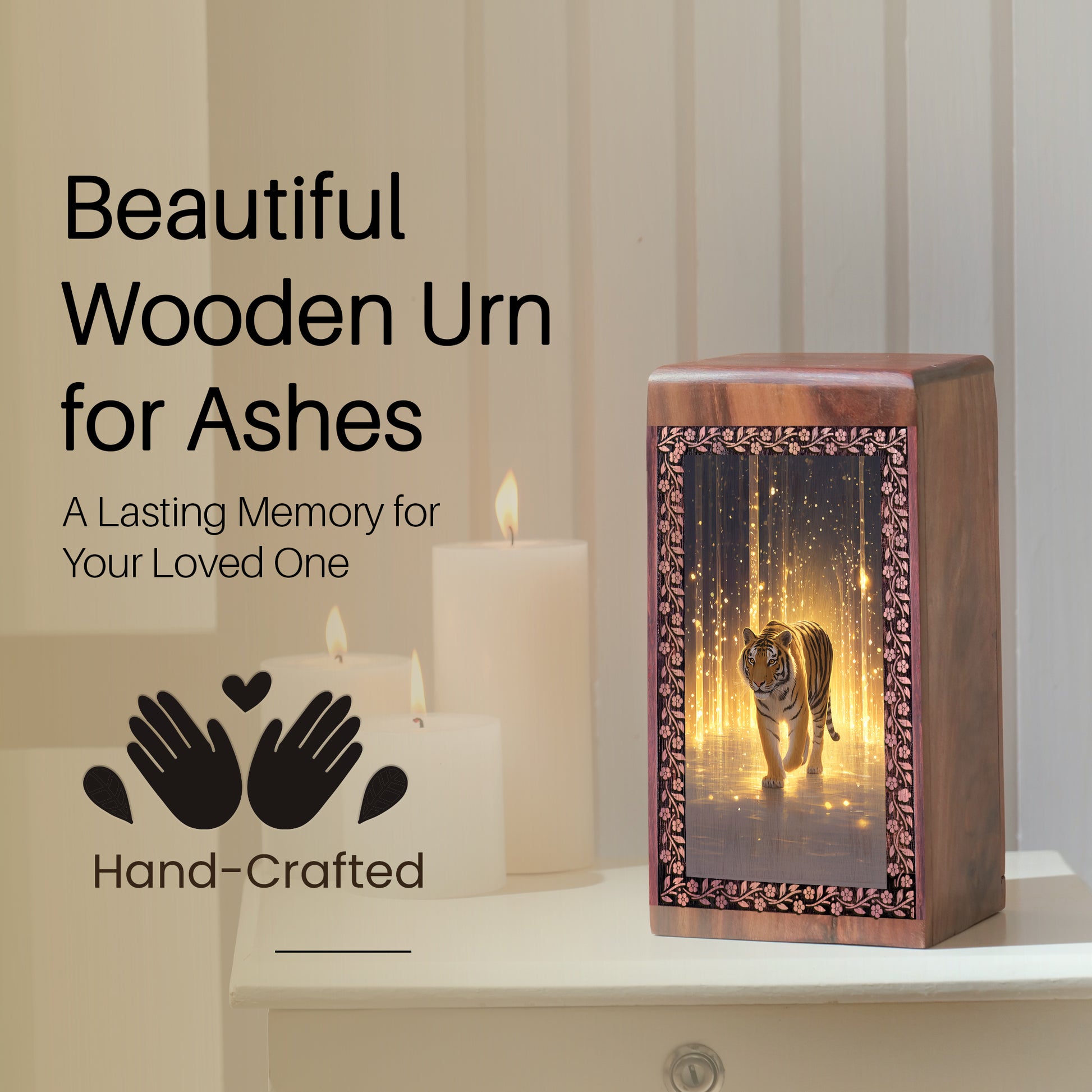 Tiger Wooden Cremation Box Urn - Wooden Memorial Urns For Men & Women