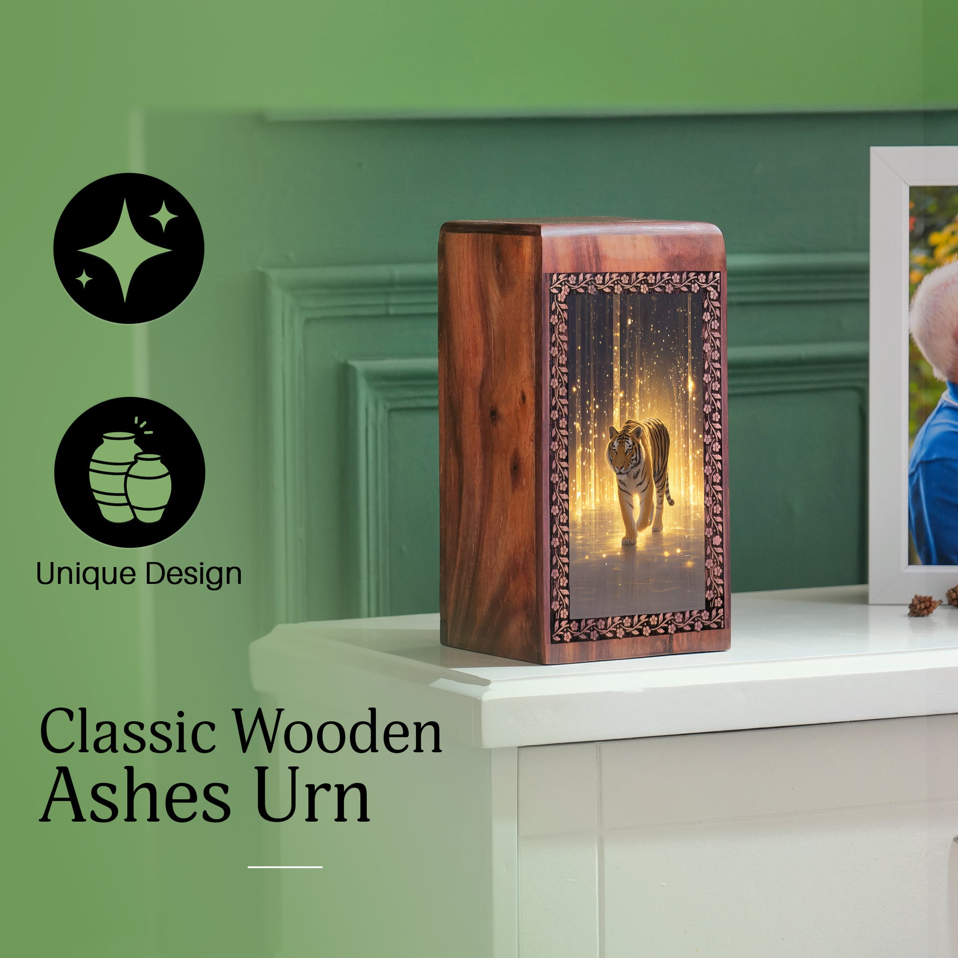 Tiger Wooden Cremation Box Urn - Wooden Memorial Urns For Men & Women