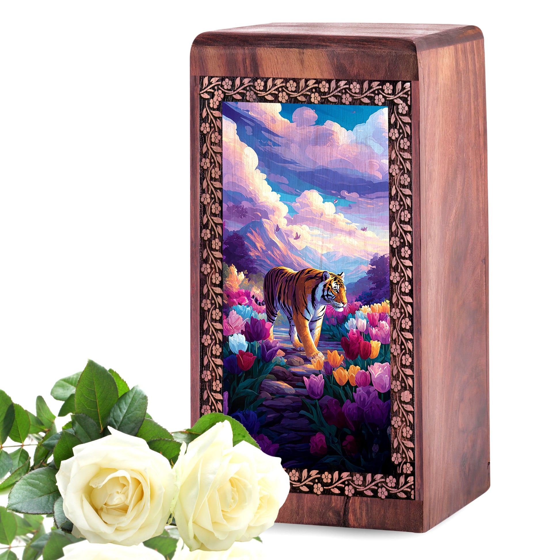 Tiger Wooden Memorial Urn - Artistic Wooden Cremation Box For Human Ashes