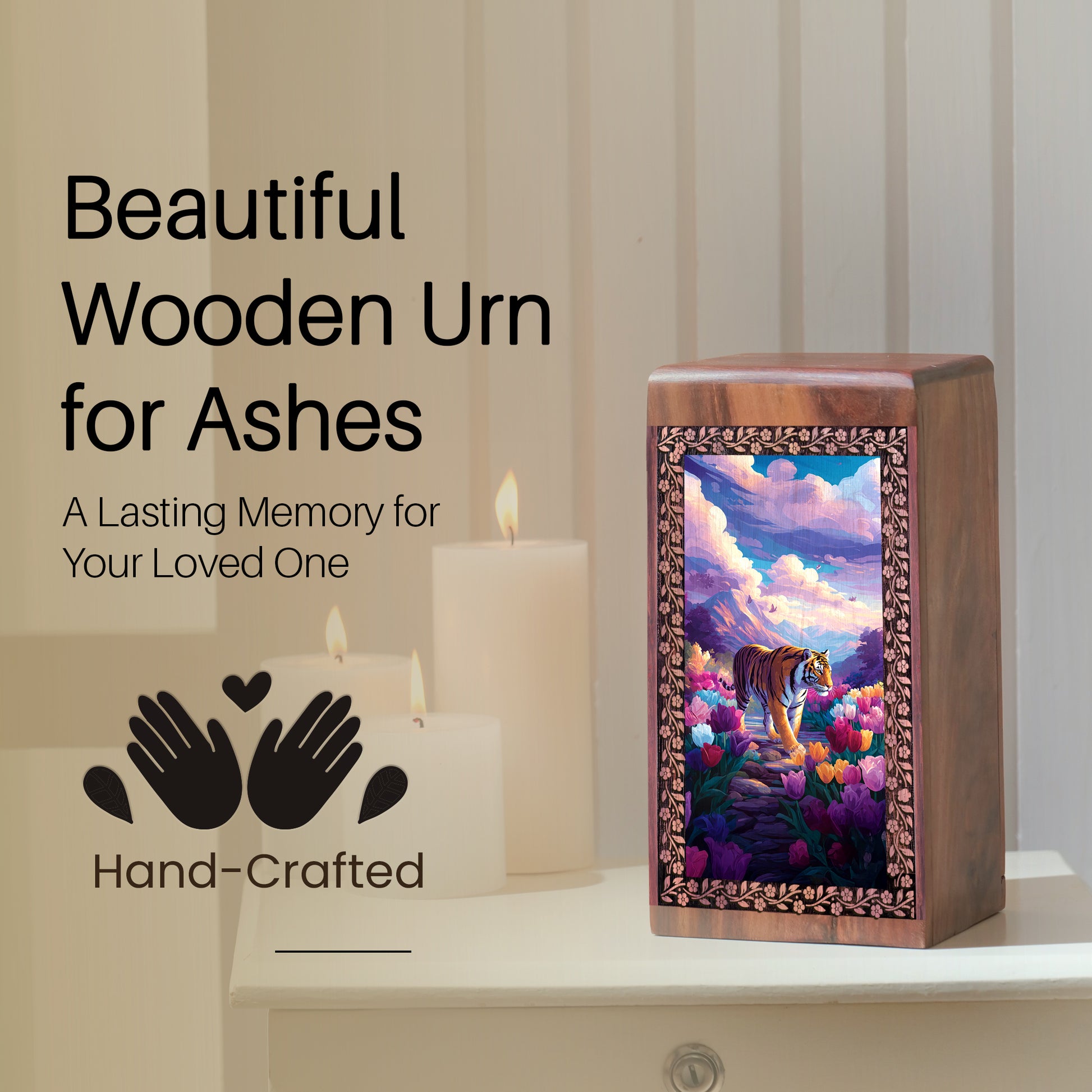 Tiger Wooden Memorial Urn - Artistic Wooden Cremation Box For Human Ashes