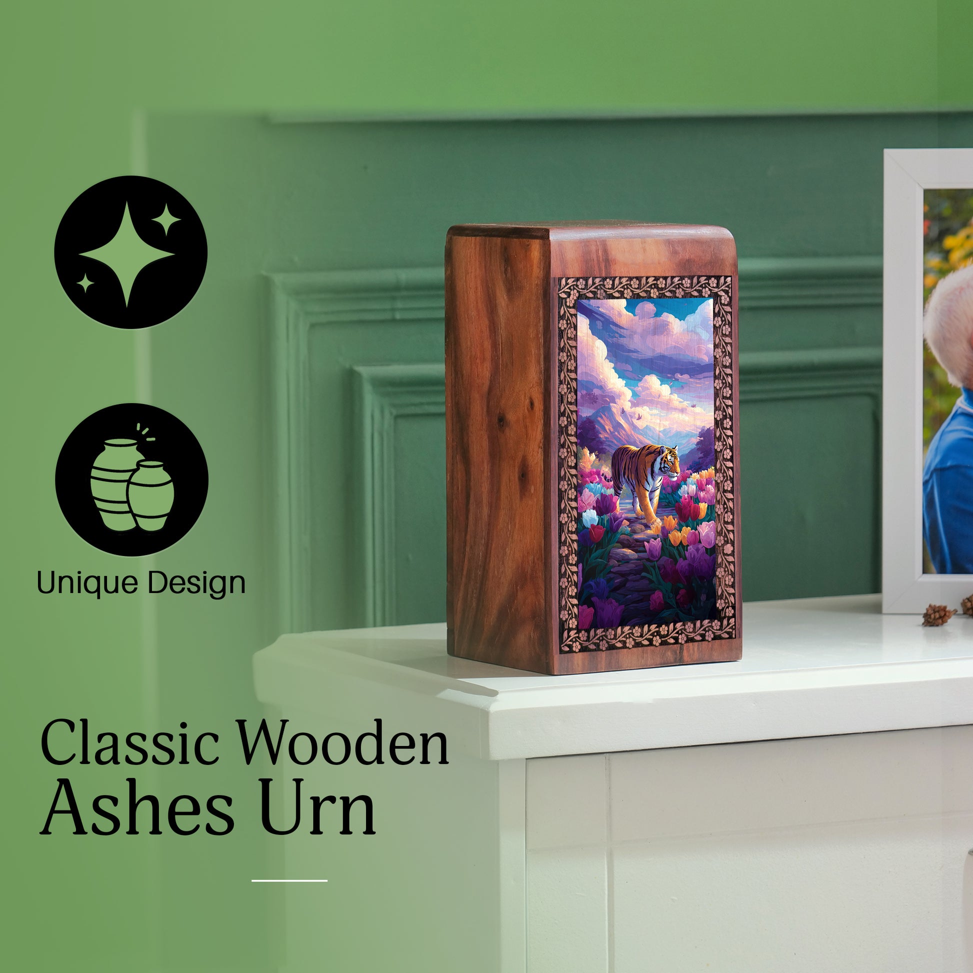 Tiger Wooden Memorial Urn - Artistic Wooden Cremation Box For Human Ashes