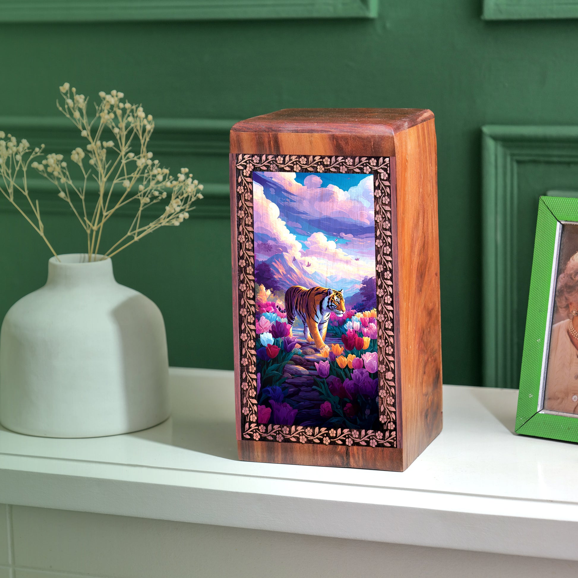 Tiger Wooden Memorial Urn - Artistic Wooden Cremation Box For Human Ashes