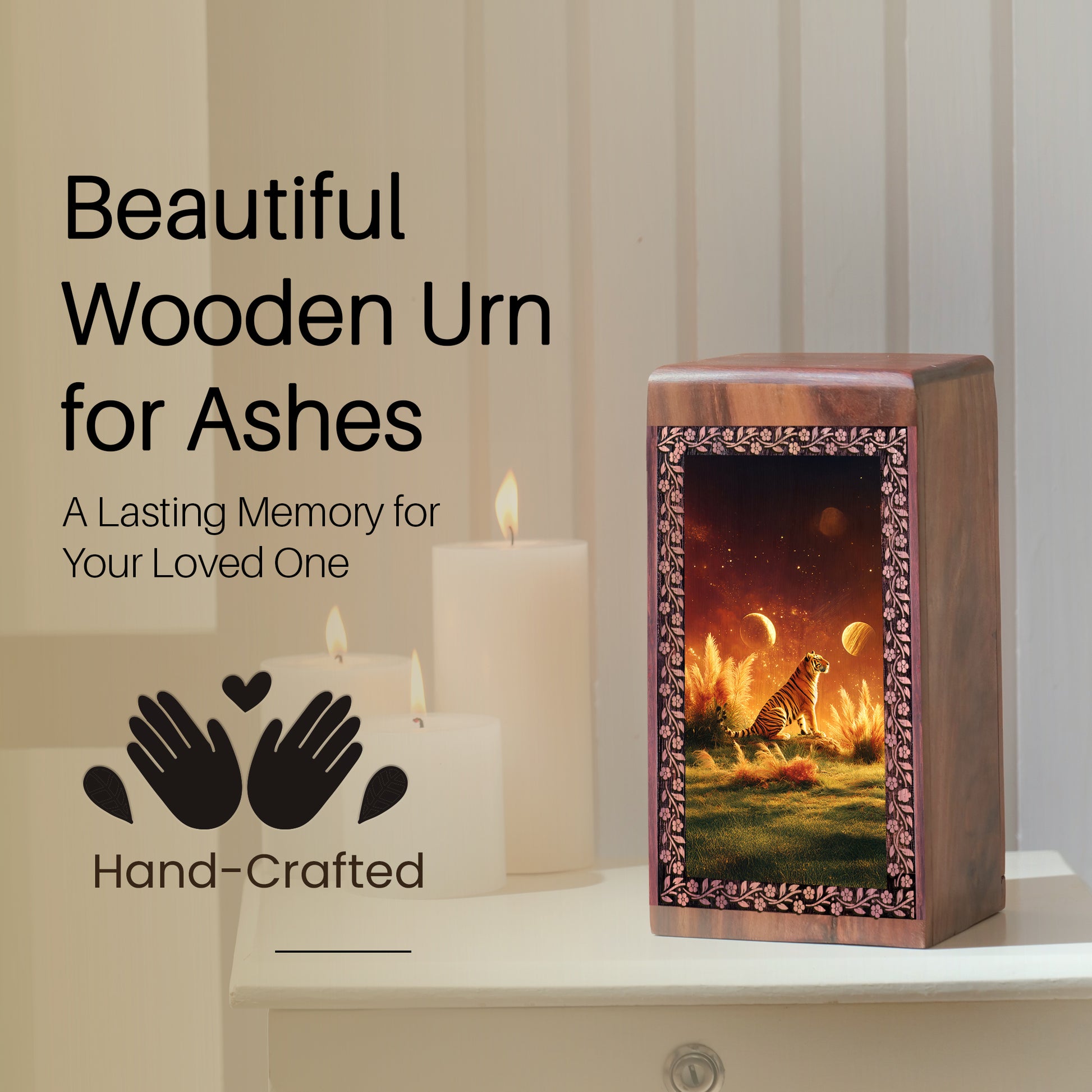 Tiger Themed Resting Wooden Box - Wooden Memorial Urns For Man & Women Ashes