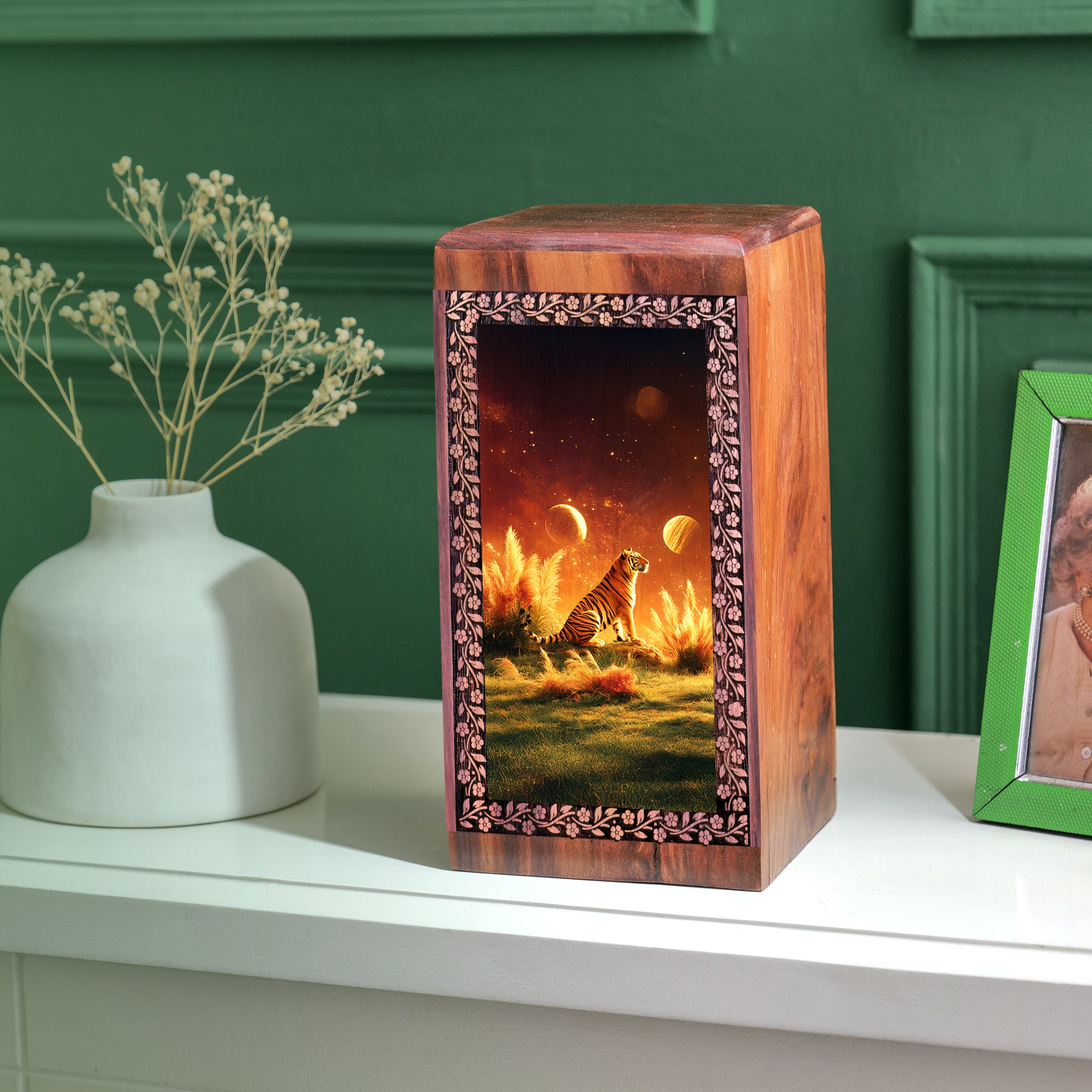 Tiger Themed Resting Wooden Box - Wooden Memorial Urns For Man & Women Ashes