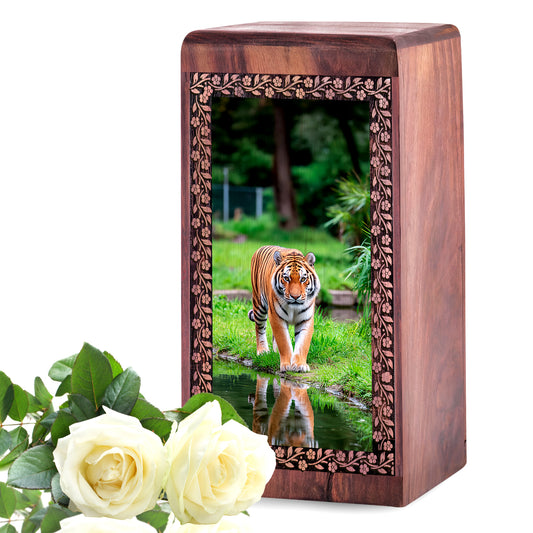 Tiger Cremation Ashes Urn For Men & Women - Wooden Urns For Ashes Burial
