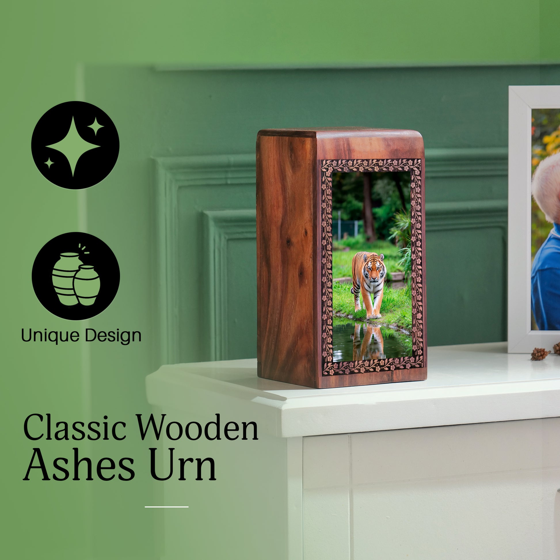 Tiger Cremation Ashes Urn For Men & Women - Wooden Urns For Ashes Burial
