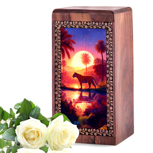 Tiger Memorial Urn Box For Memorial - Sunset Themed Wooden Box For Funeral