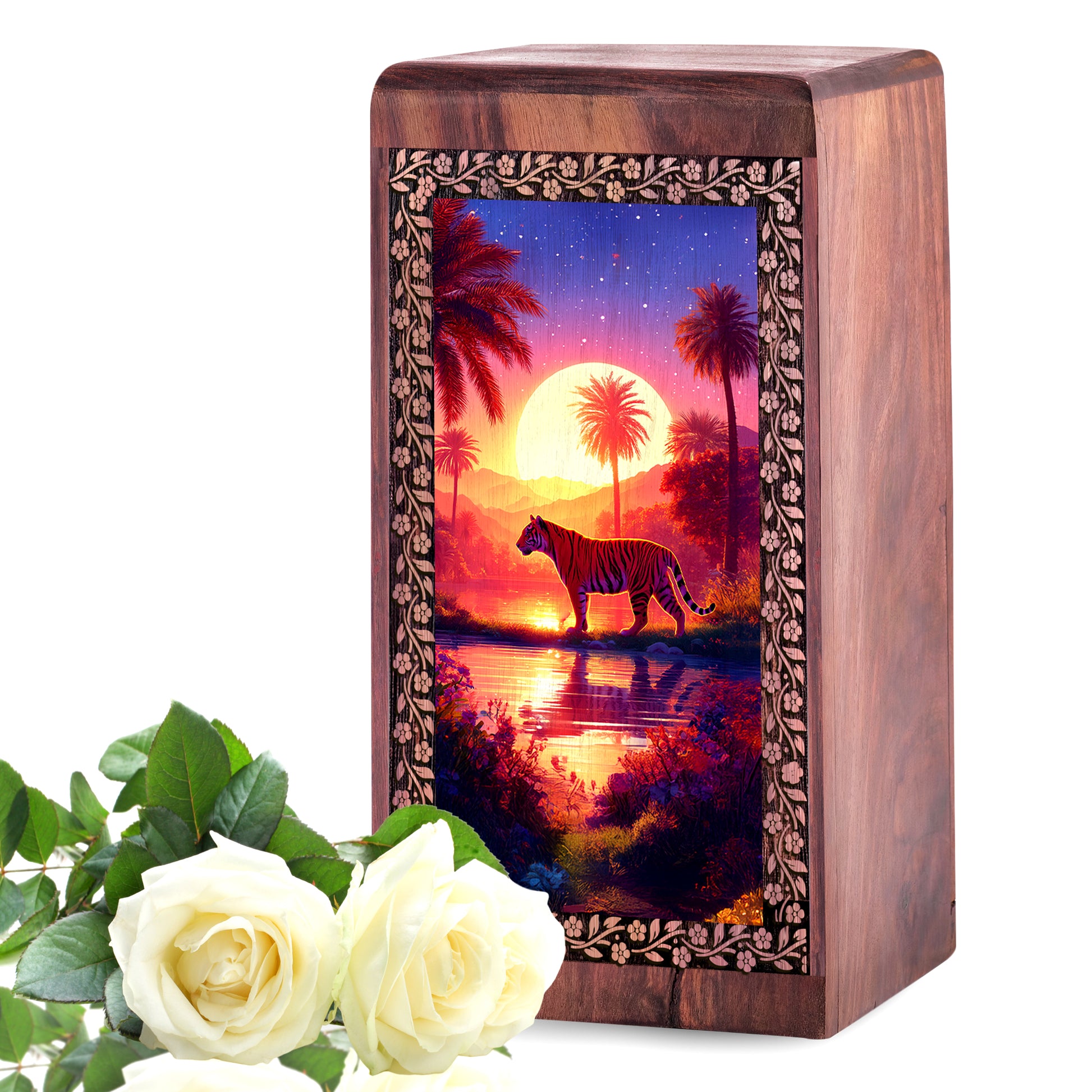 Tiger Memorial Urn Box For Memorial - Sunset Themed Wooden Box For Funeral