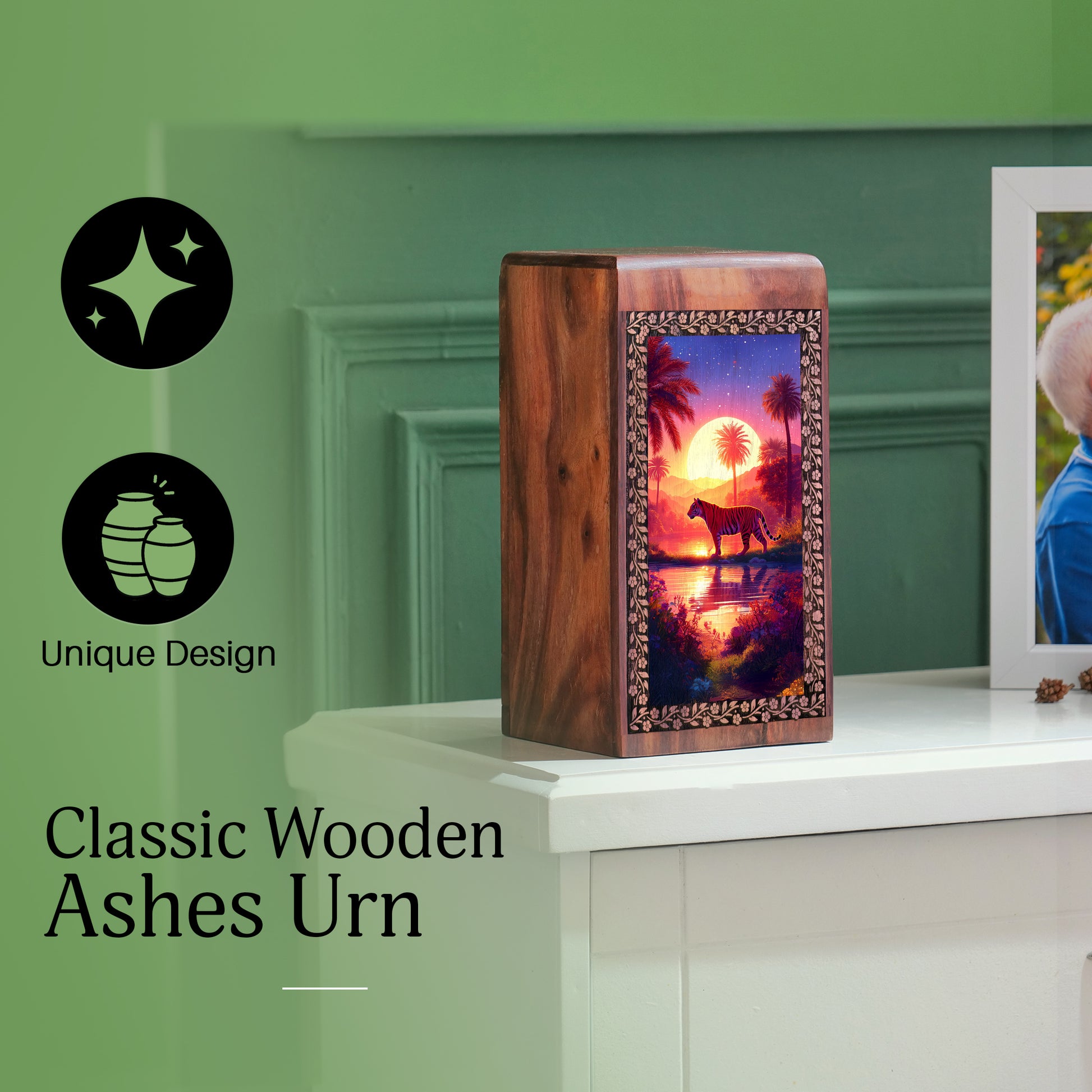 Tiger Memorial Urn Box For Memorial - Sunset Themed Wooden Box For Funeral