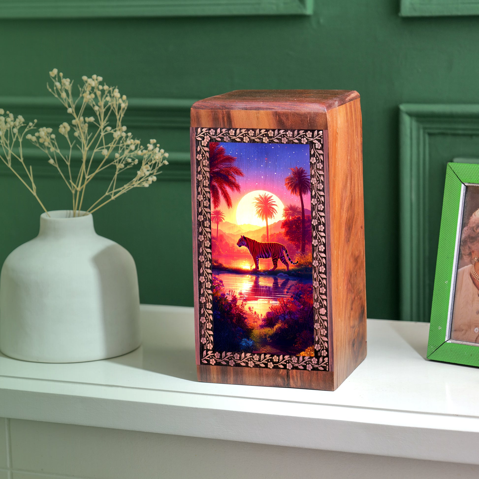 Tiger Memorial Urn Box For Memorial - Sunset Themed Wooden Box For Funeral