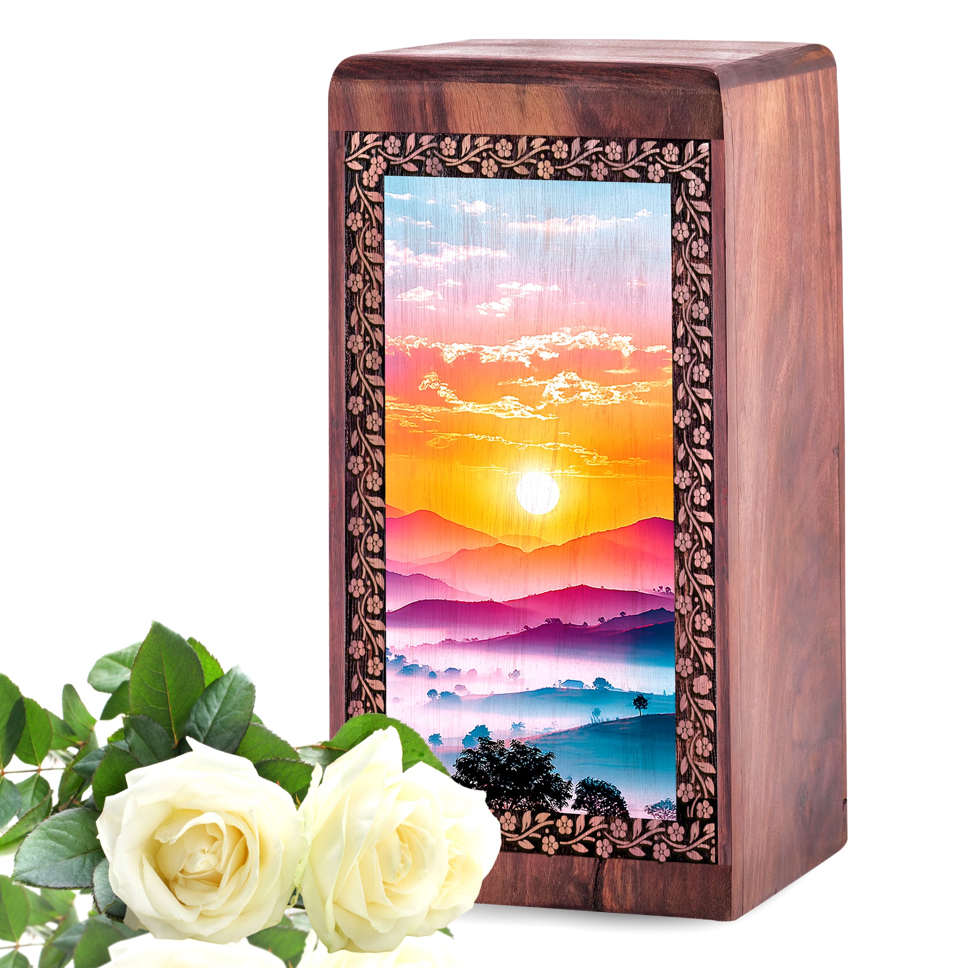 Mountain View Urn For Ashes - Themed Wooden Box For Funeral Ashes