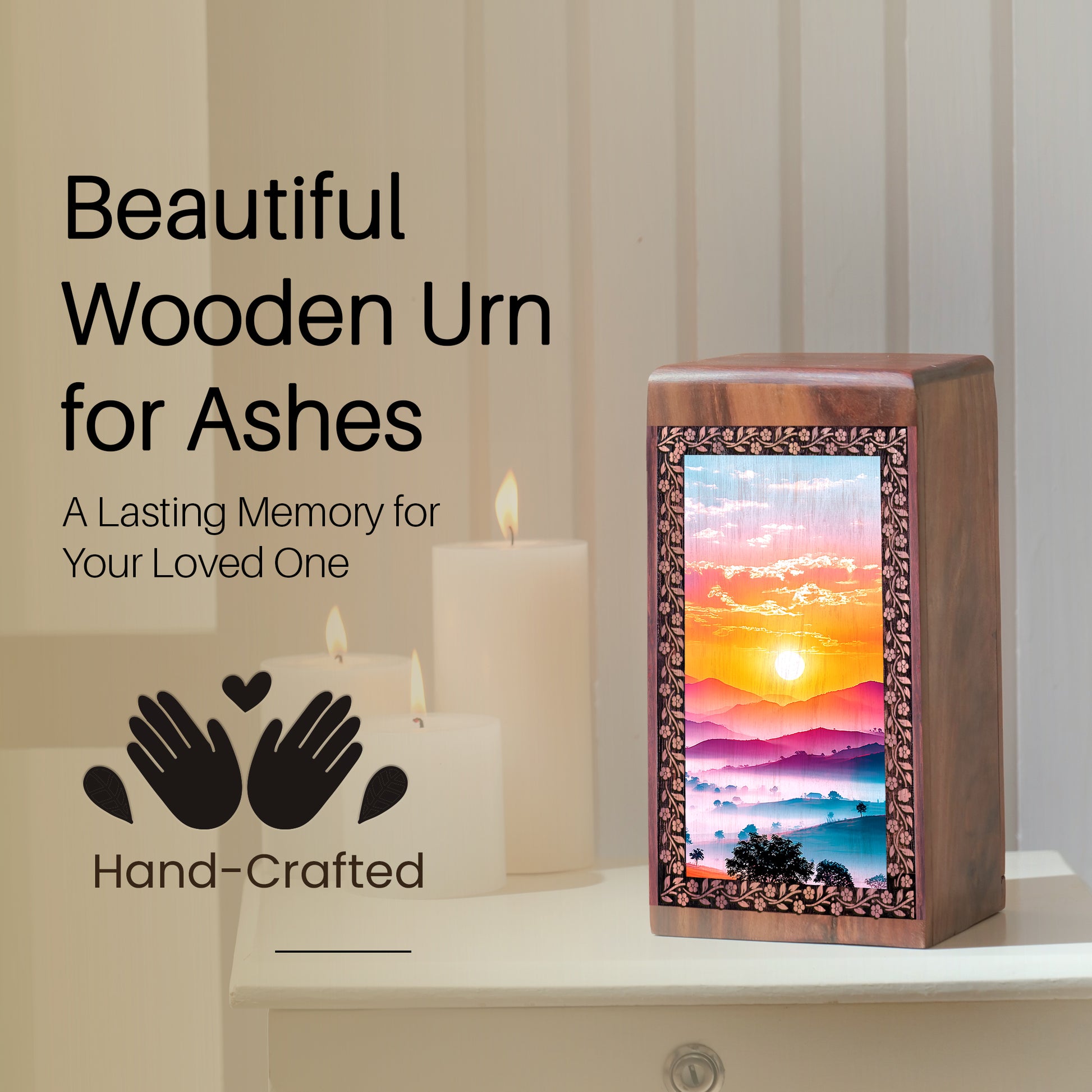 Mountain View Urn For Ashes - Themed Wooden Box For Funeral Ashes