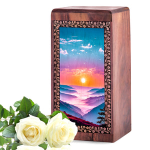 Mountain Valley Themed Memorial Urn - Printed Wooden Urn For Funeral