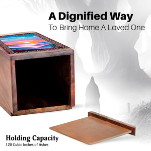 Mountain Valley Themed Memorial Urn - Printed Wooden Urn For Funeral