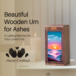 Mountain Valley Themed Memorial Urn - Printed Wooden Urn For Funeral