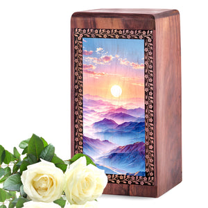 Mountain Sunrise Themed Wooden Memorial Urn - Cremation Urn Box For Ashes