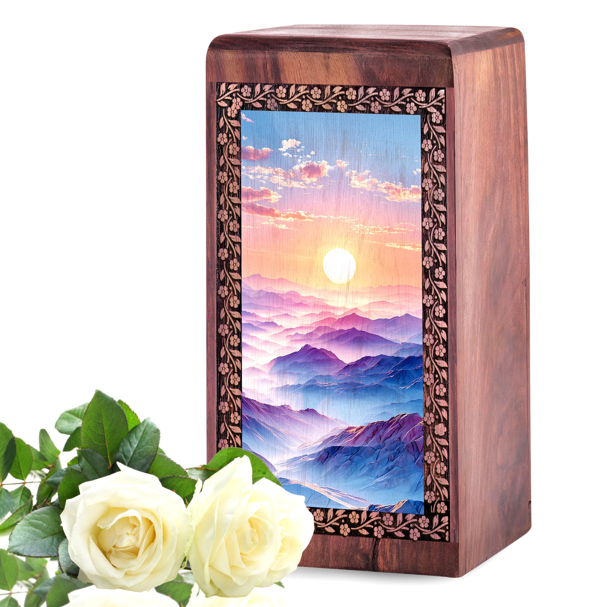 Mountain Sunrise Themed Wooden Memorial Urn - Cremation Urn Box For Ashes