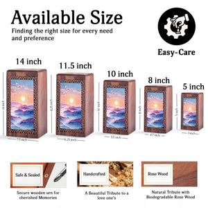 Mountain Sunrise Themed Wooden Memorial Urn - Cremation Urn Box For Ashes