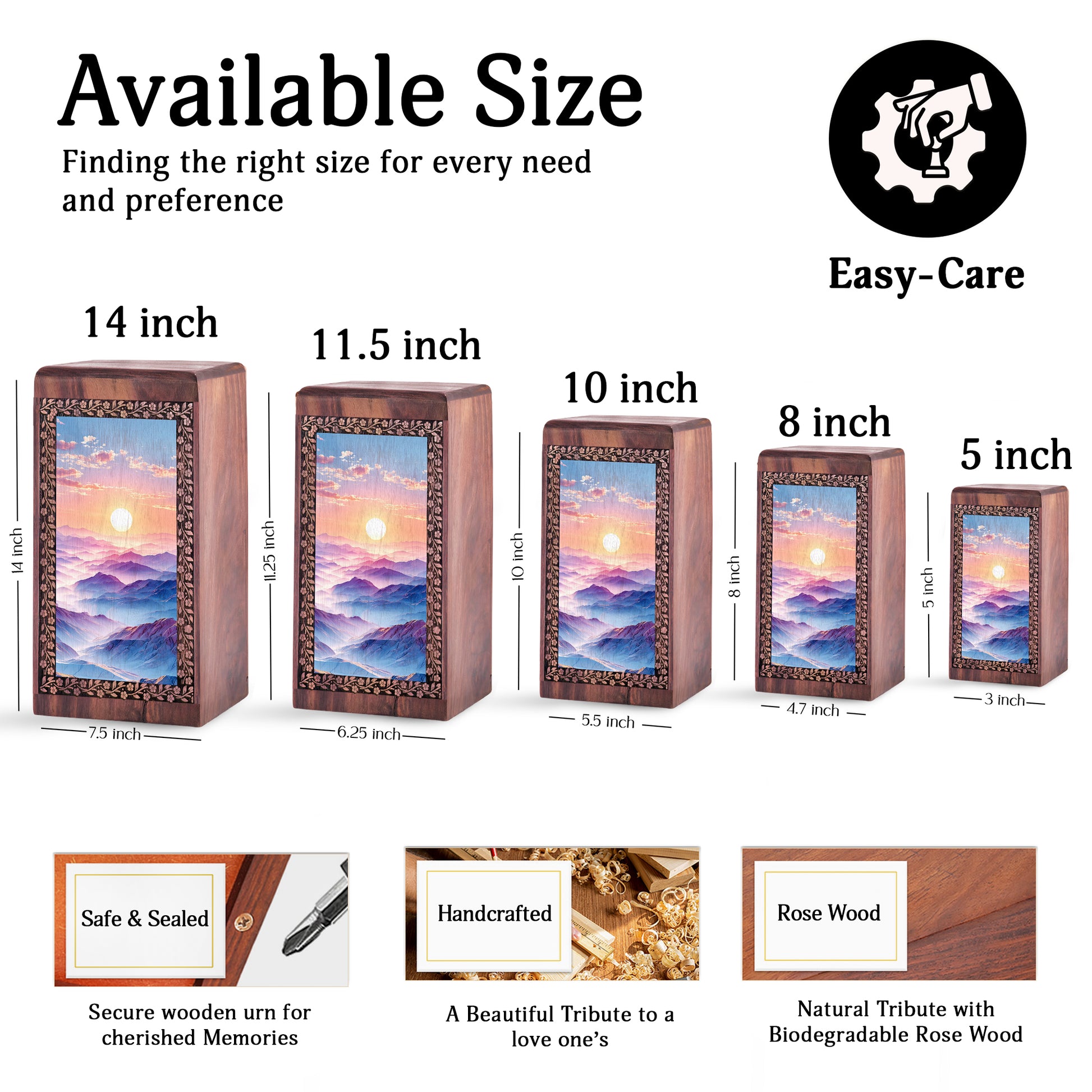 Mountain Sunrise Themed Wooden Memorial Urn - Cremation Urn Box For Ashes