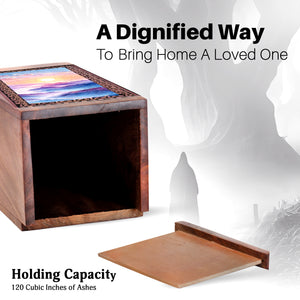 Mountain Sunrise Themed Wooden Memorial Urn - Cremation Urn Box For Ashes