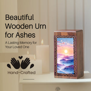 Mountain Sunrise Themed Wooden Memorial Urn - Cremation Urn Box For Ashes