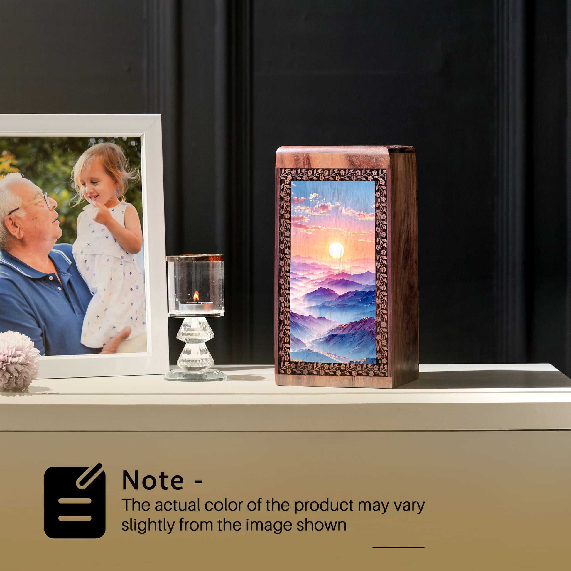 Mountain Sunrise Themed Wooden Memorial Urn - Cremation Urn Box For Ashes