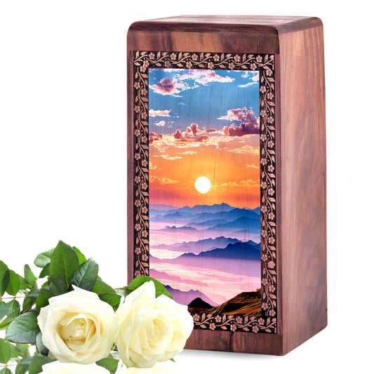 Mountain Themed Wood Urn For Burial - Wooden Urn For Adult Men & Women