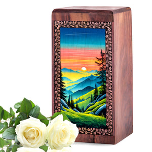 Moutain Memorial Box For Ashes - Wooden Cremation For Adult Male