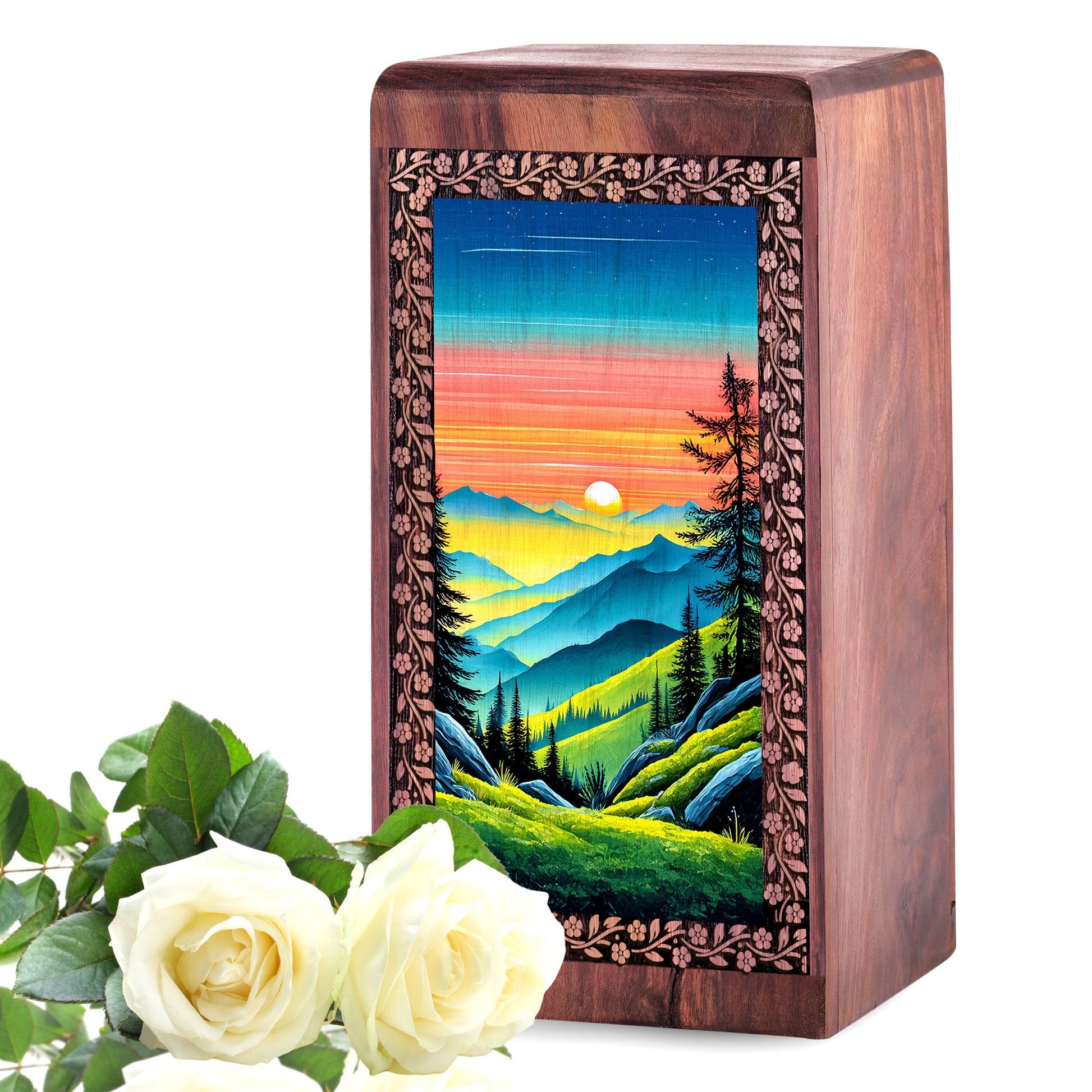 Moutain Memorial Box For Ashes - Wooden Cremation For Adult Male