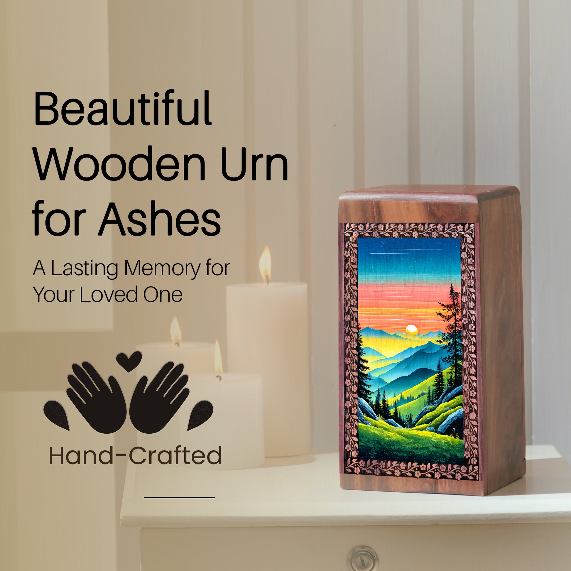 Moutain Memorial Box For Ashes - Wooden Cremation For Adult Male