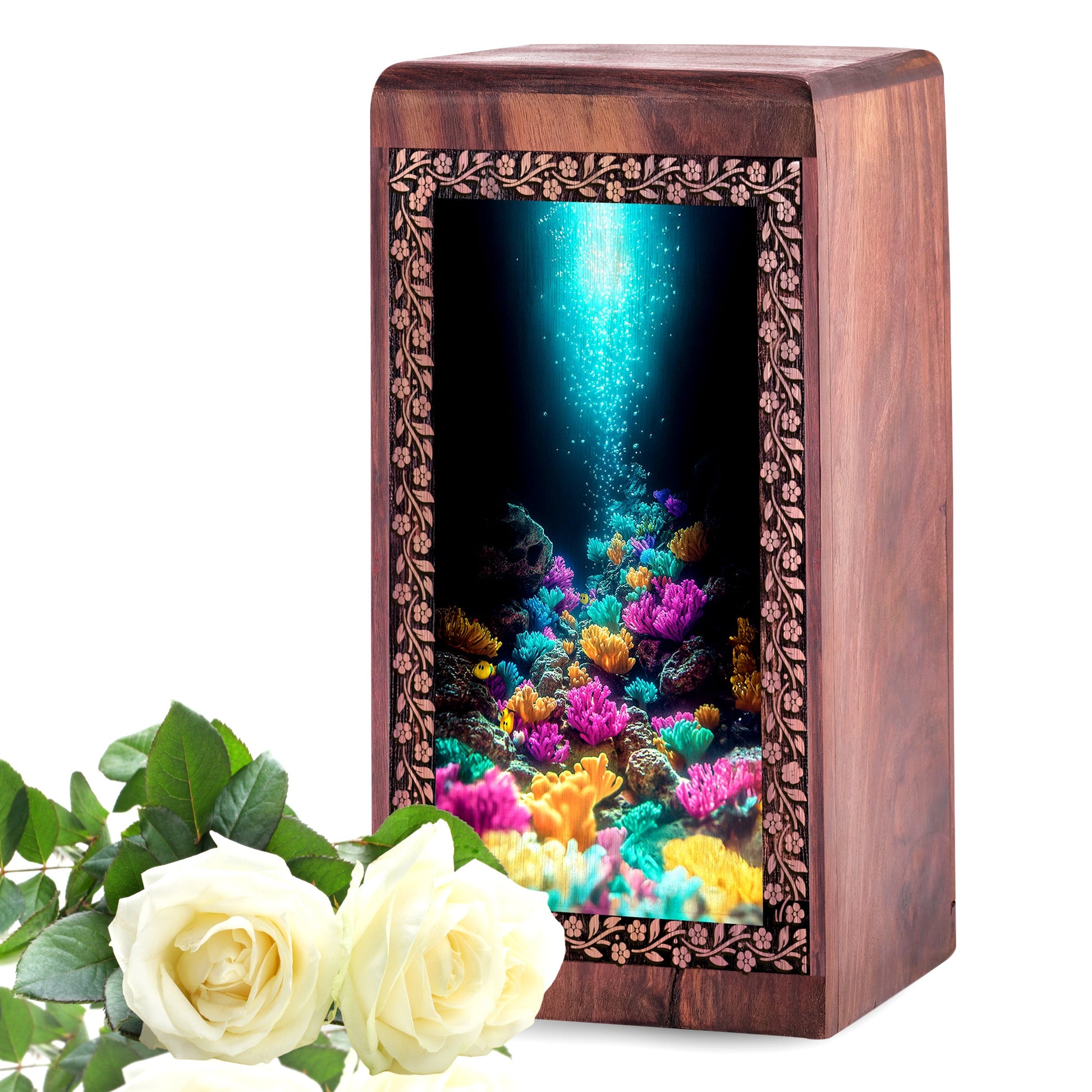 Under Water Ocean Wooden Urn For Men - Funeral Urn Box For Human Ashes
