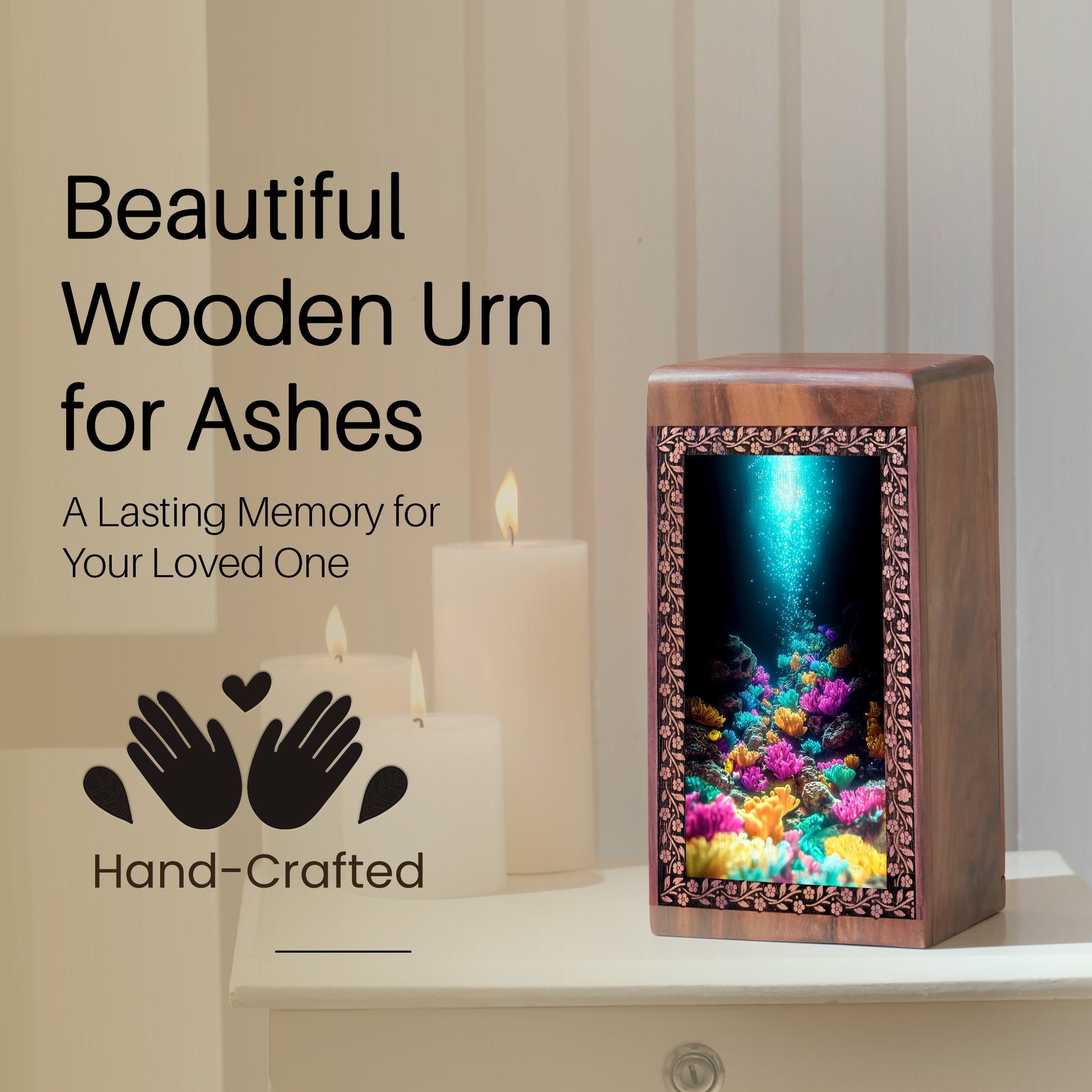 Under Water Ocean Wooden Urn For Men - Funeral Urn Box For Human Ashes