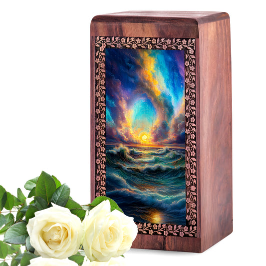 Mystic Ocean Cremation Wooden Urn - Cremation Urn For Adult Female & Male