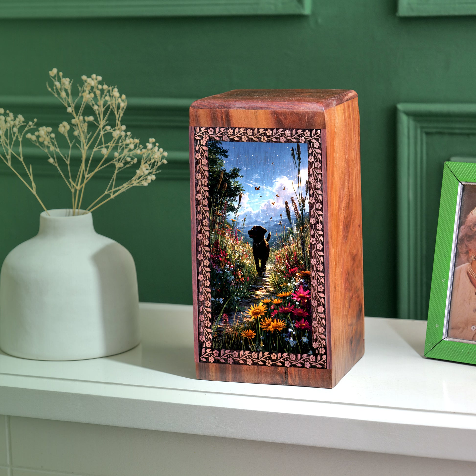 Beautiful Dog Wooden Memorial Urn - Wooden Cremation Urns For Pet Ashes