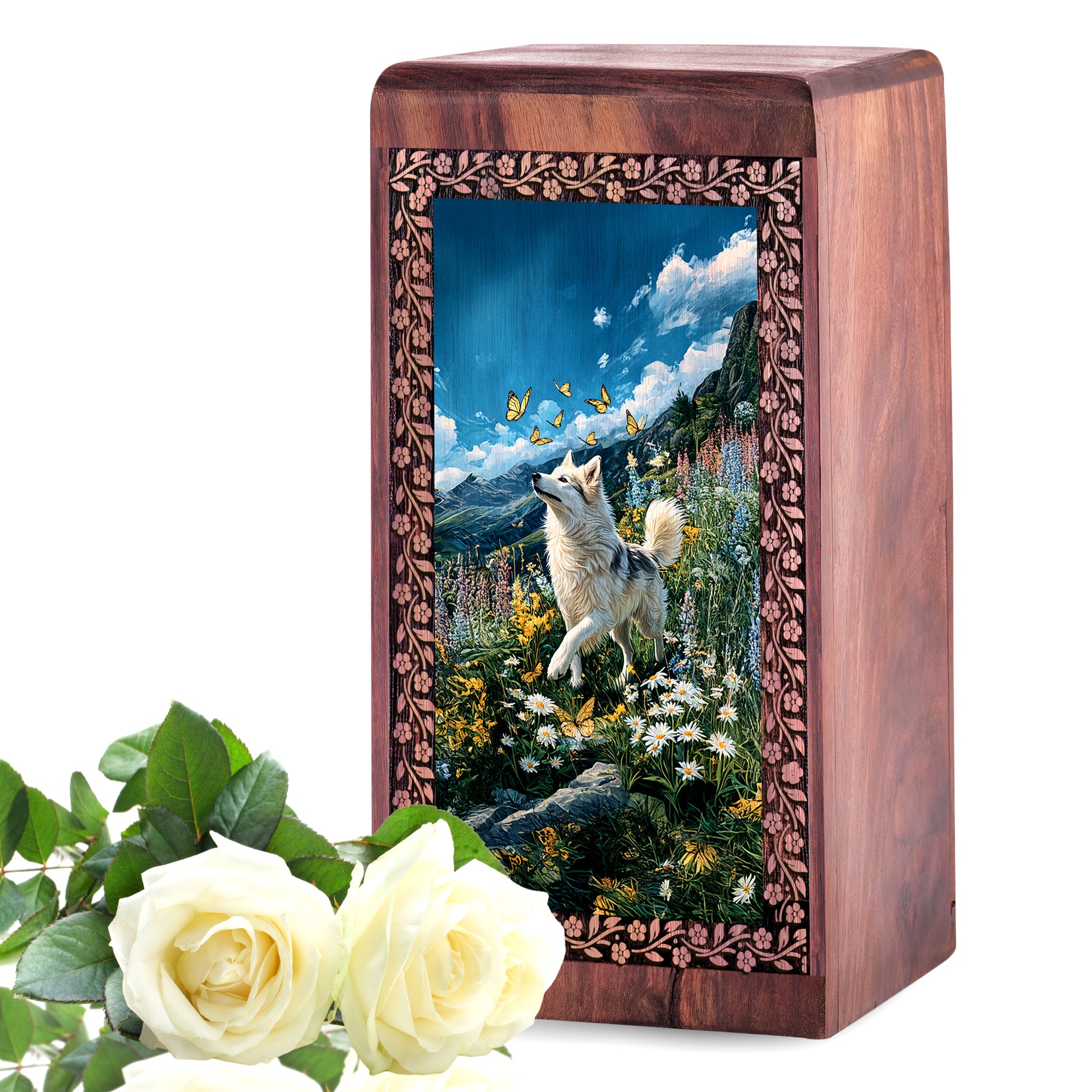 White Dog Wooden Cremation Urn - Rosewood Memorial Box Or Pet Ashes