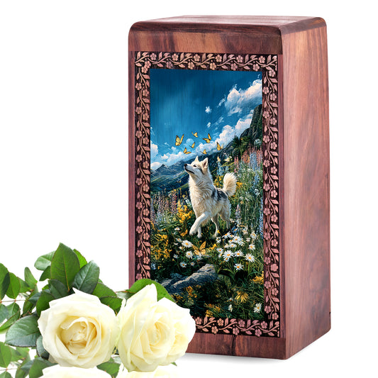 White Dog Wooden Cremation Urn - Rosewood Memorial Box Or Pet Ashes