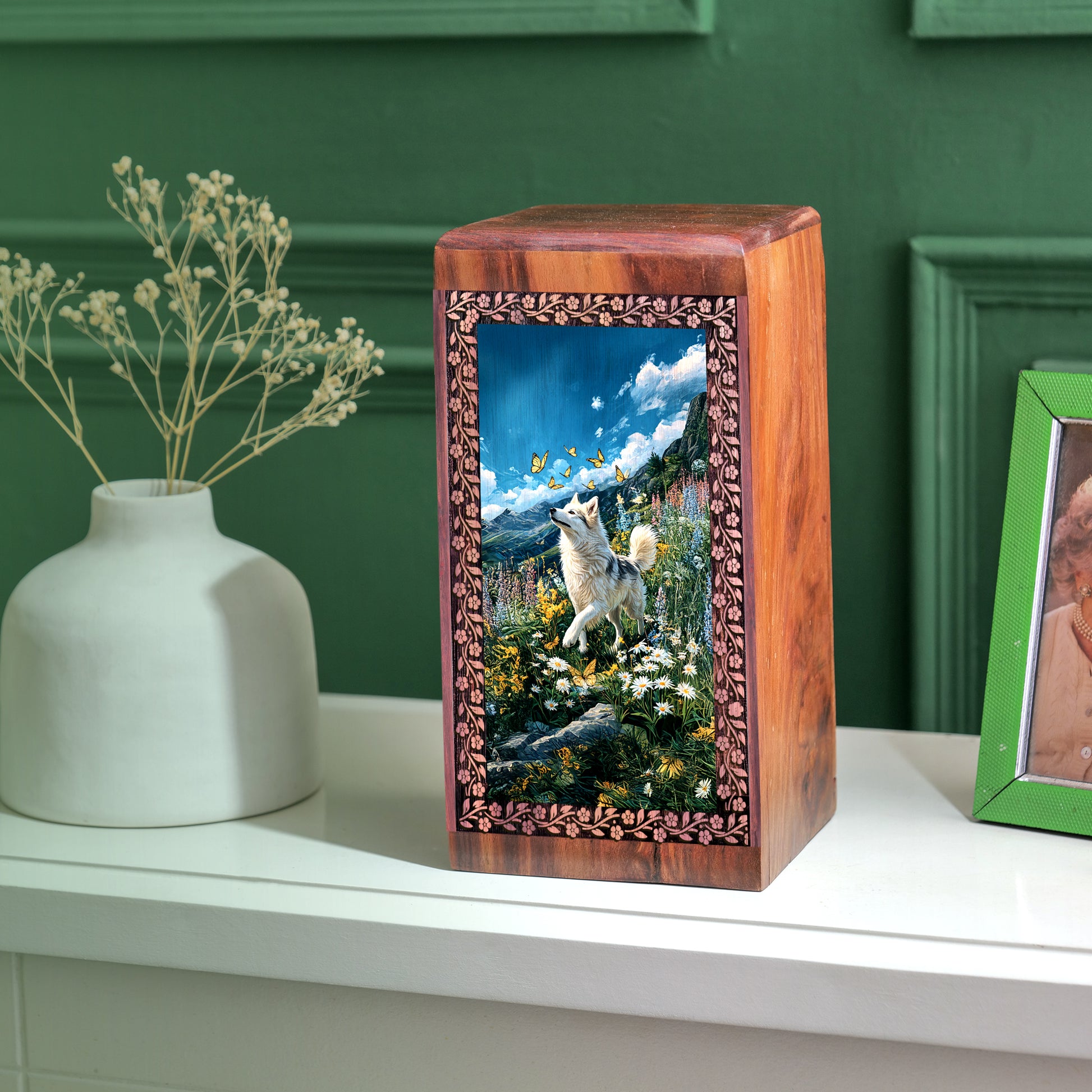 White Dog Wooden Cremation Urn - Rosewood Memorial Box Or Pet Ashes