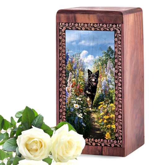Black Dog Wooden Cremation Urn - Wooden Memorial Box For Pet Funeral