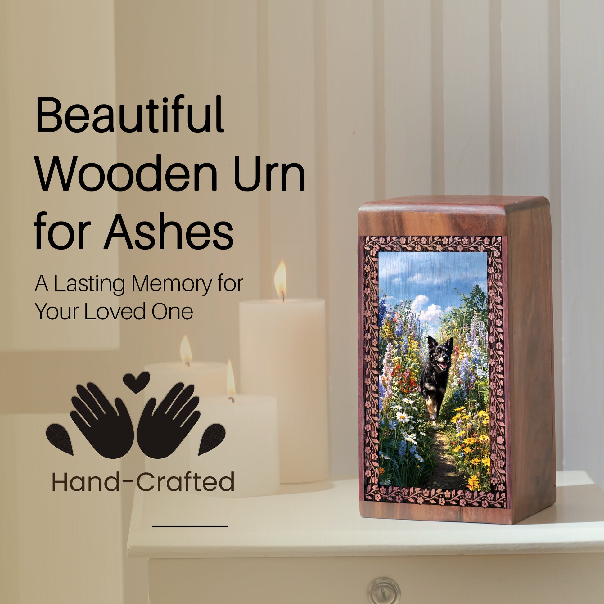 Black Dog Wooden Cremation Urn - Wooden Memorial Box For Pet Funeral