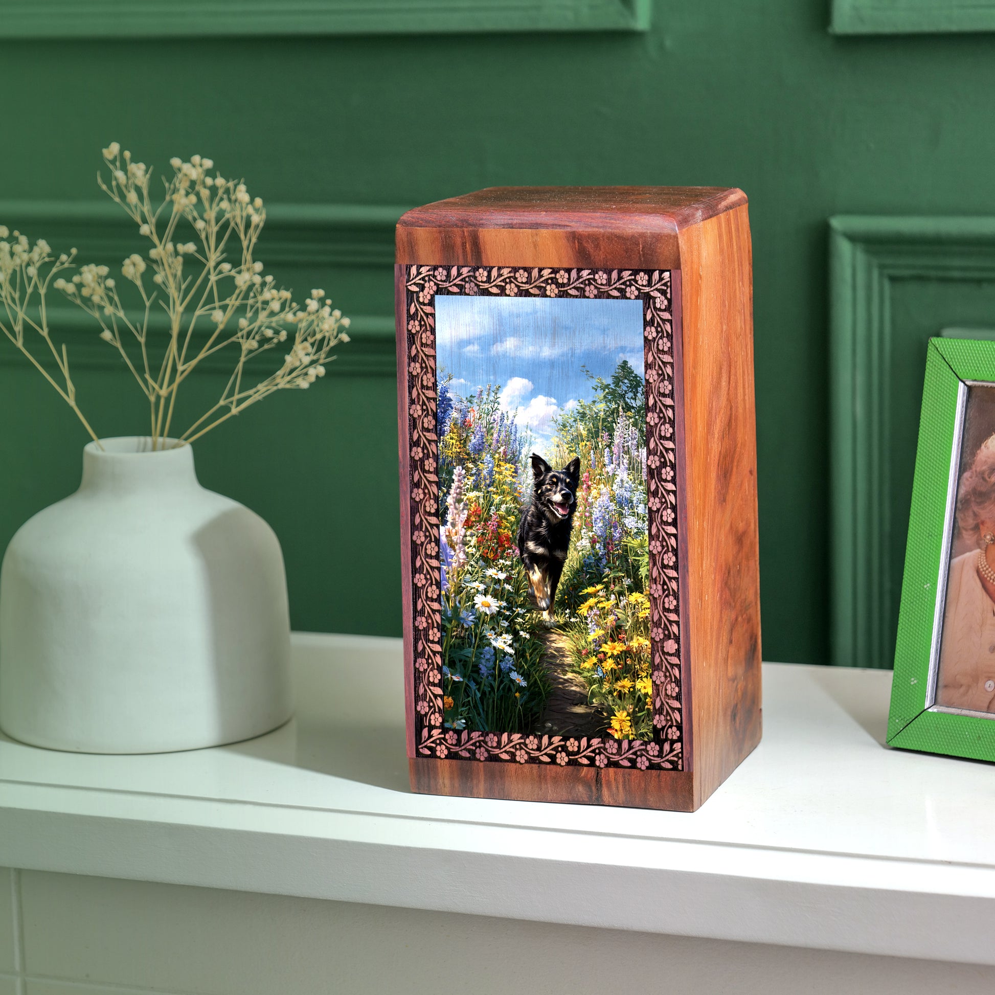 Black Dog Wooden Cremation Urn - Wooden Memorial Box For Pet Funeral