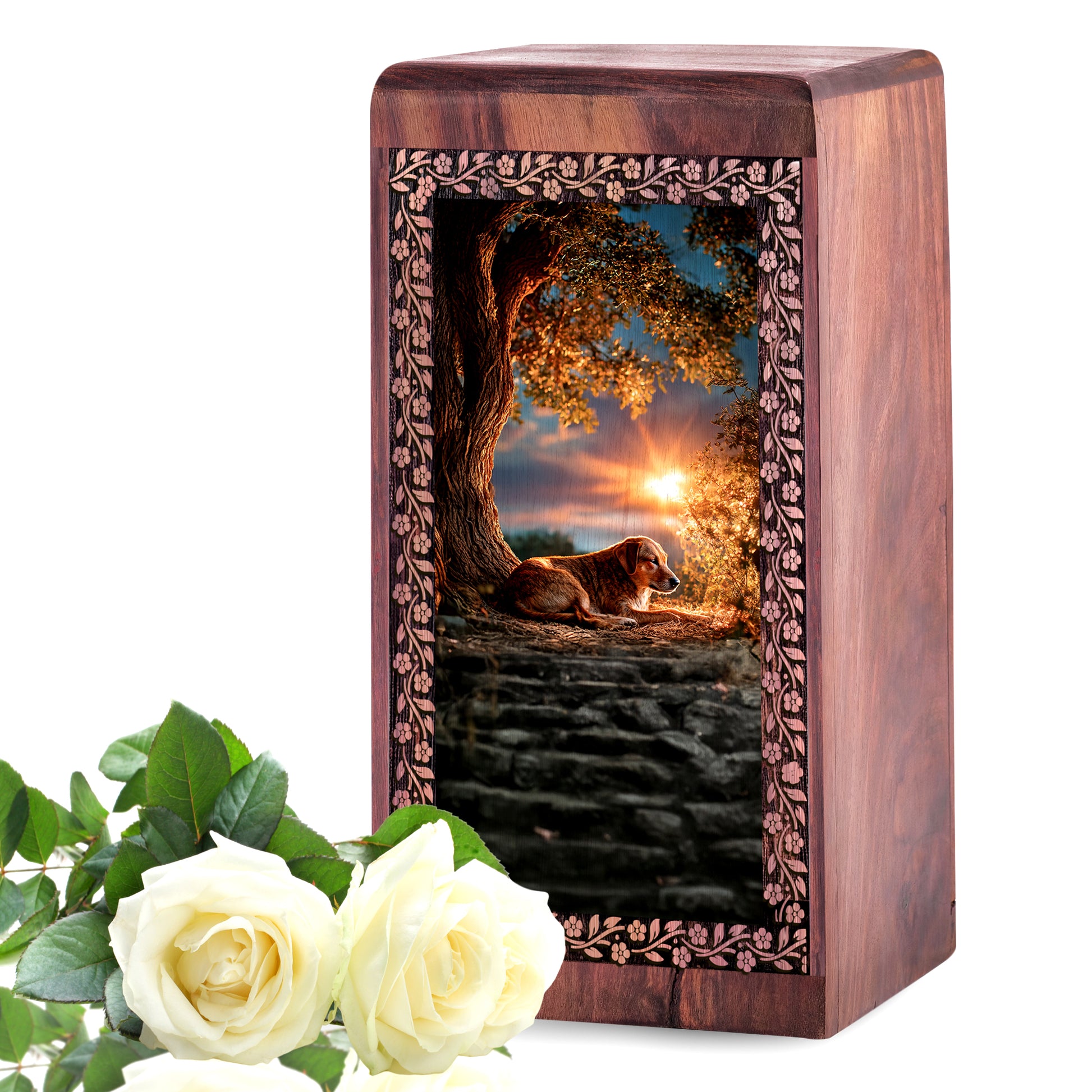 Dog Sunset Memorial Urn For Ashes - Rosewood Ashes Box Urn For Funeral
