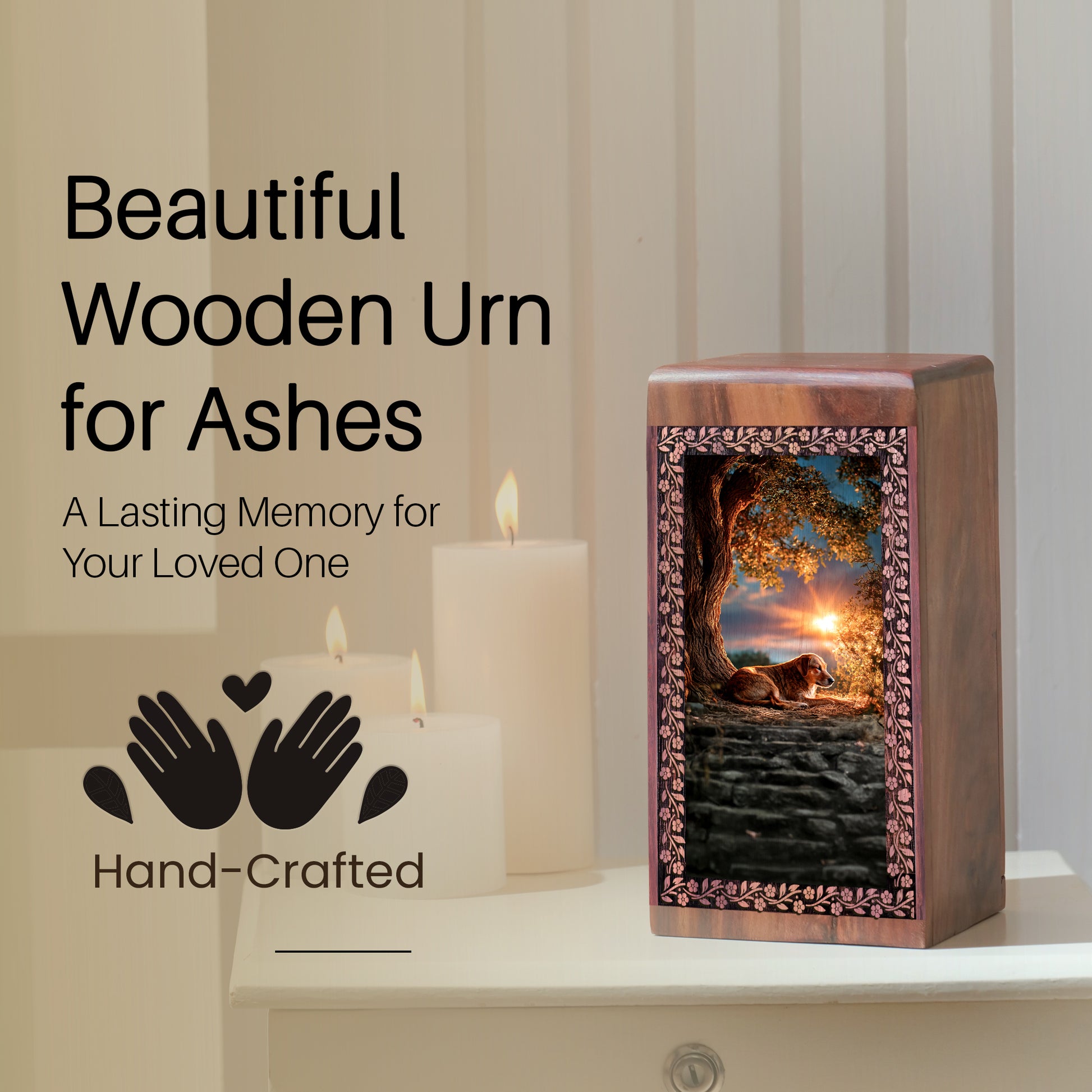 Dog Sunset Memorial Urn For Ashes - Rosewood Ashes Box Urn For Funeral